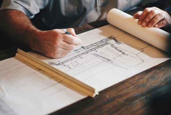 A professional marking up a technical drawing with a pencil and scale ruler