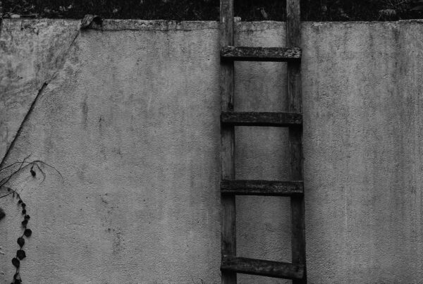 A wooden ladder leaning against a plain wall, every rung in view