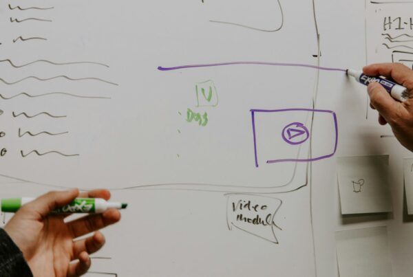 A hand drawing a marketing plan on a whiteboard