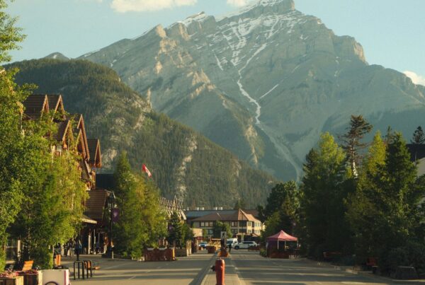 A mountain town main street in summer