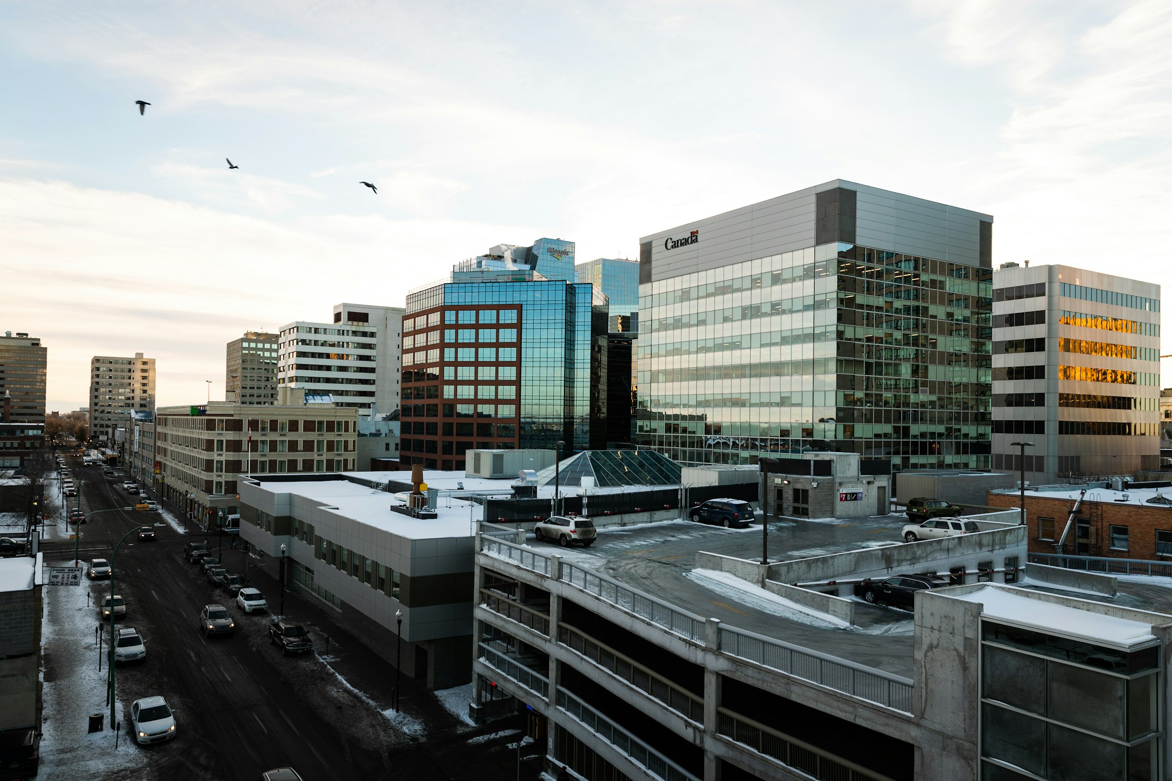 Downtown Regina office towers and a snowy street, Saskatchewan