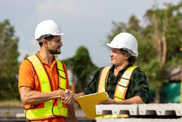 A site supervisor in a hard hat talking with a worker