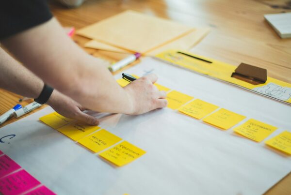 Hands arranging sticky notes on a planning board, illustrating who should own AI