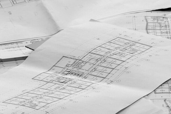 Architectural floor plans spread across a desk